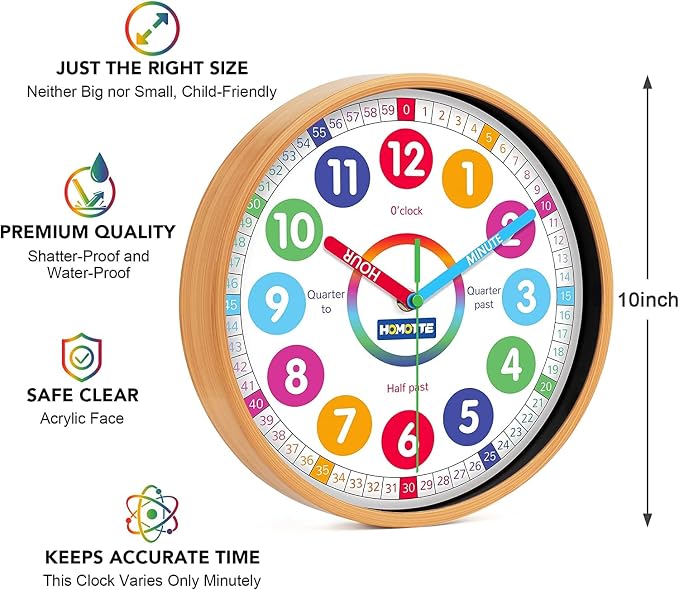 Homotte 10 Inch Kids Wall Clock, Multi-Colored Learning Clock for Kids - Image 2