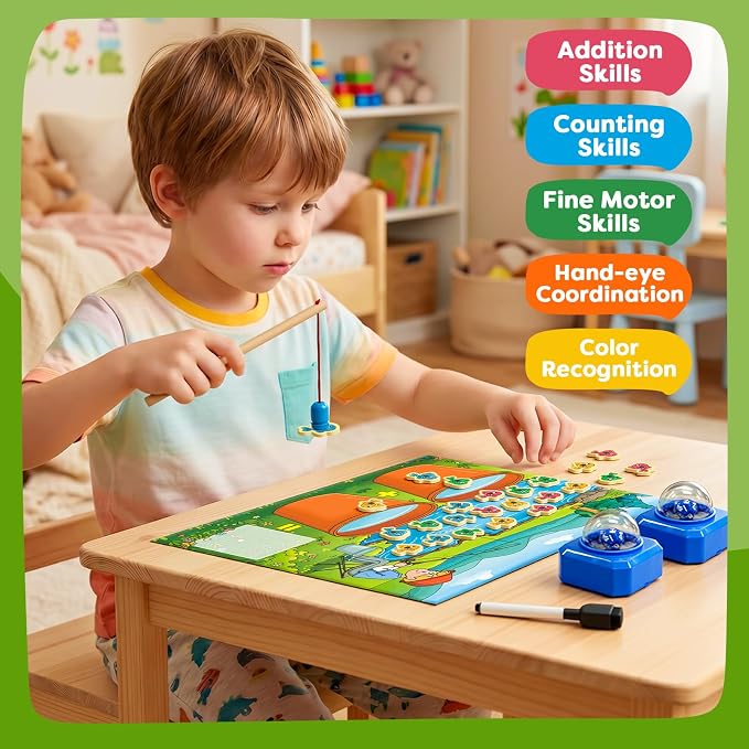 Magnetic Fishing Math Game for Kids 3-5, Montessori Counting Toy with Dice Poppers, Preschool Math Manipulatives Board Game, Addition and Subtraction Dice Game for Homeschool Classroom - Image 2