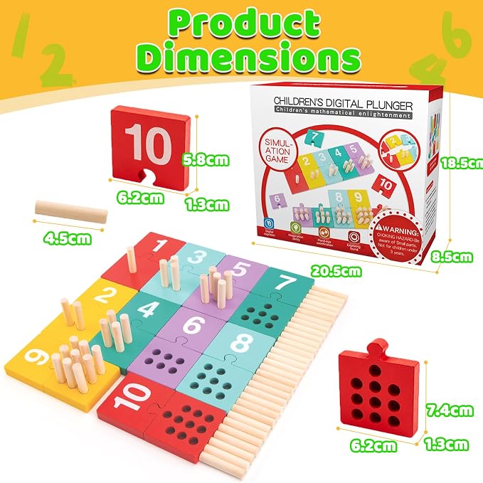TEUVO Counting Pegs Board Montessori Toys for Kids Aged 3 4 5 6 Years Old, Wooden Early Math and Number Digital Plunger Manipulatives Materials Game for Toddlers Home Kindergarten Daycare Classroom - Image 5