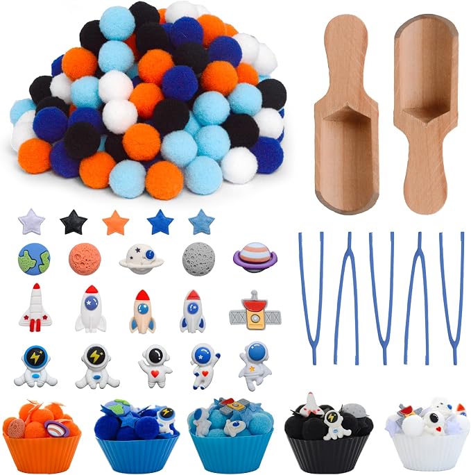 236pcs Space Sensory Bin Filler Fine Motor Toys Astronaut Spaceship Sensory Bin Items Astronauts Saturn Moon Mars Earth Rocket Planet Satellite Space Shuttle Stars for Preschool Education Activities by Unvola