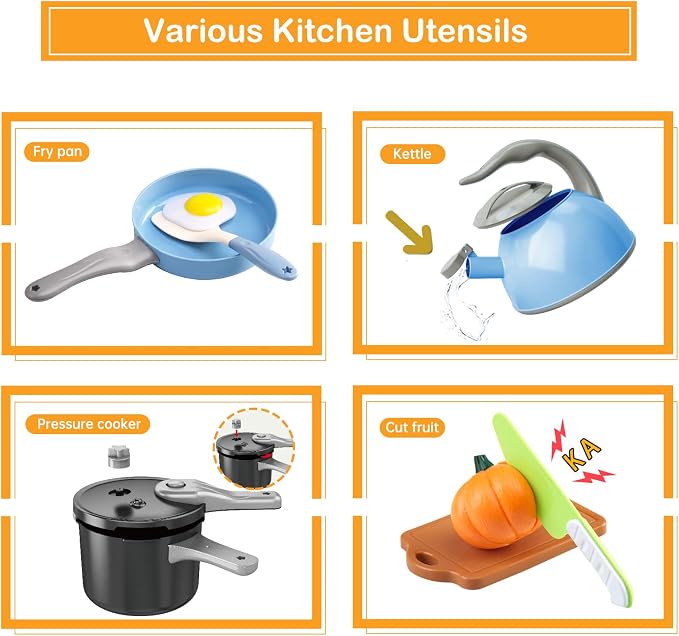 100Pcs Kitchen Playset, Kids Pretend Cooking Play Pots, Pans, Utensils, Cookware, Toy Food Fruits Veggies, with 2 Large Apple - Shaped Storage, Toddler Cooking Learning Gift (Blue - Image 4