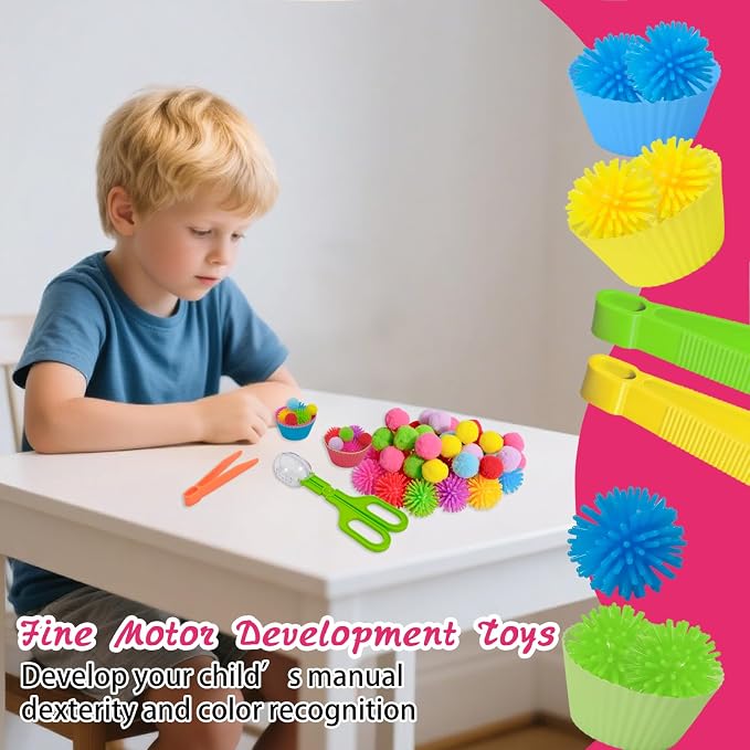 188 Pcs Fine Motor Skills Counting Sorting Sensory Toy Set 72 Hedge Ball 5 Tweezer 3 Scissor Clip 18 Sorting Cup 60 Pom Pom 30 Number Ornament for Education Preschool Training - Image 5