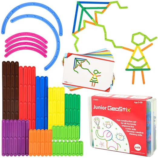 edxeducation Junior GeoStix - In Home Learning Toy for Early Math and Creativity - 200 Multicolored Construction Sticks - 30 Double-Sided Activity Cards - Geometric Manipulative by EdxEducation