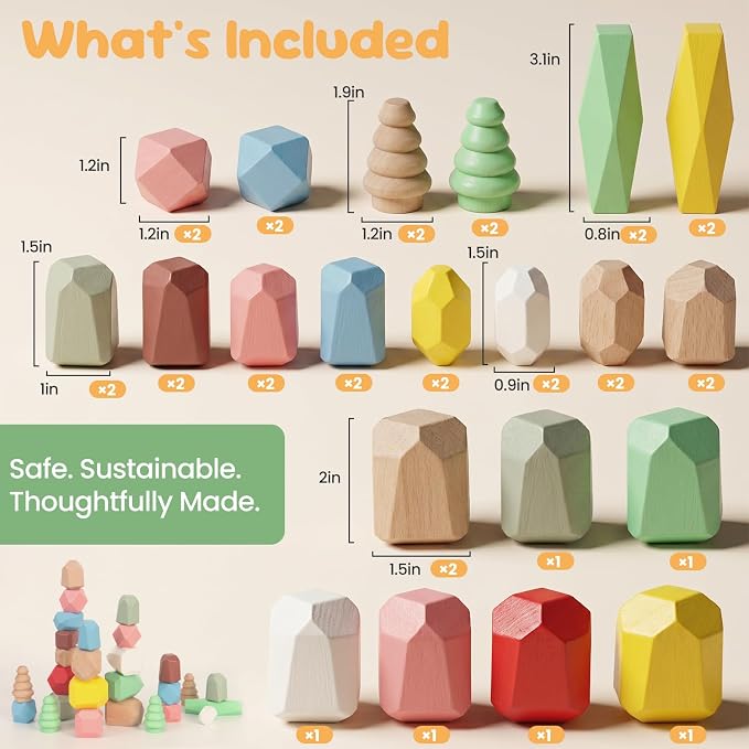 WOODENFUN Wooden Stacking Rocks Stones Building Blocks Sensory Toddler Toys - Image 3