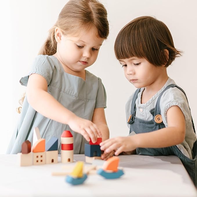 PlanToys® Marina Blocks Wooden Montessori Building and Creative Play Set | Fine Motor, Imagination and Early STEM Skill Development | Eco Friendly Open Ended Construction Activity