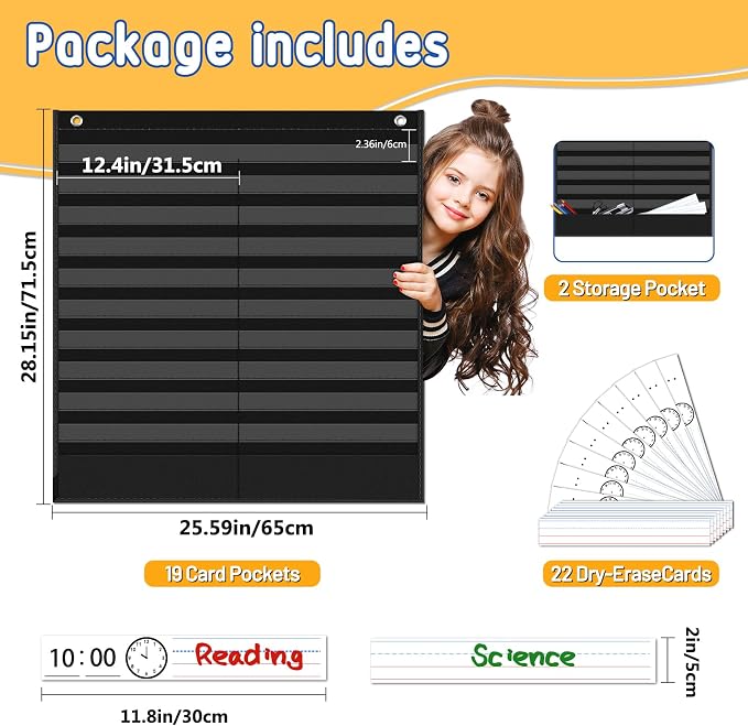 AKAYOK Daily Schedule Pocket Chart - Clear 19 Pocket Chart for Classroom with 22 Reusable Dry-Erase Cards | Perfect for Flash Cards/Sentence Strips/Cleaning Schedule and Checklist/Calendar Cards - Image 5