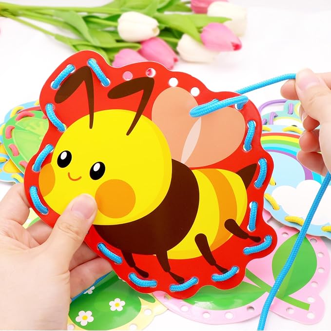 Omlisca Springtime Lacing Cards for Kids 12 Packs Double Sided Sewing Kits Flower Rainbow Butterfly Sewing Cards Educational & Learning Activities Fine Motor Skill for Preschool Supplies Spring Decor - Image 2