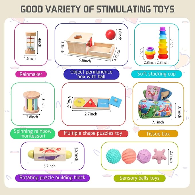 Montessori Toys for Babies 6-12 Months,1 Year Old,8 in 1 Baby Sensory Toy for 12-18 Months Toddler,Wooden Educational Development Toys with Soft Stacking Cup&Sensory Ball&Tissue Box