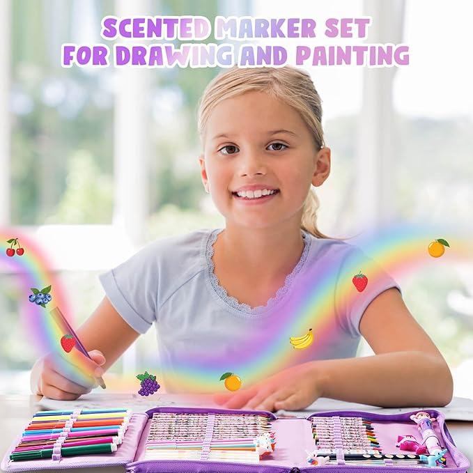 DOKKIA Fruit Scented Kids Coloring Pens Markers Set 65 PCS Art Craft Drawing Case Washable Kits Pencil Crayon&Coloring Book Supplies,Birthday Gifts for Girls 4-5-6-7-8-12 Year Old Mermaid Tail Purple
