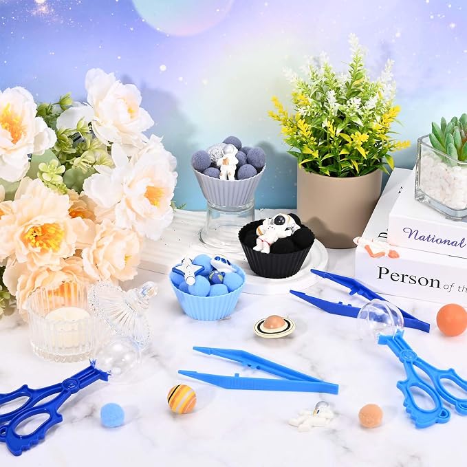 Sanixn 152 Pcs Space Sensory Bin Fillers Outer Space Fine Motor Skills Astronauts Sensory Bin Item Pompoms Cups Tweezers Scissor Clips for Preschool Education Activities Sorting Counting(Space) - Image 3