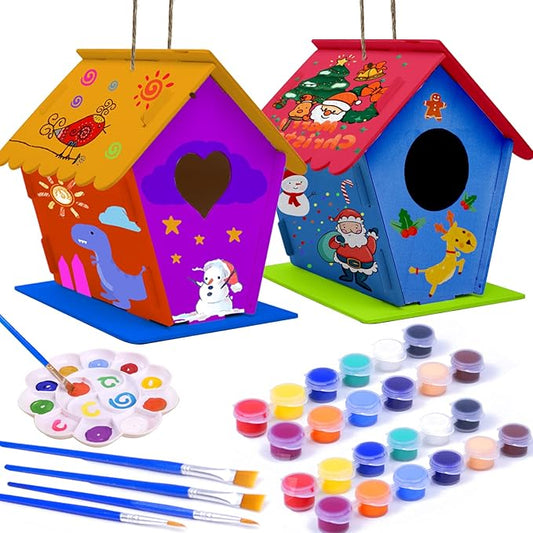 hapray 2 Pack Bird House Kit, DIY Birdhouse Kits, Wooden Crafts Arts for Children to Build and Paint (Includes Paints & Brushes) for Kids Girls Boys Toddlers Halloween Christmas Gifts