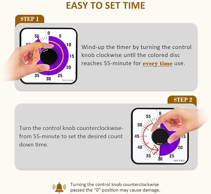Secura 60-Minute Visual Countdown Timer, 7.5-Inch Oversize Classroom Visual Timer for Kids and Adults, Durable Mechanical Kitchen Timer Clock with Magnetic Backing (Purple) - Image 2