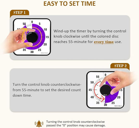 Secura 60-Minute Visual Countdown Timer, 7.5-Inch Oversize Classroom Visual Timer for Kids and Adults, Durable Mechanical Kitchen Timer Clock with Magnetic Backing (Purple) - Image 2