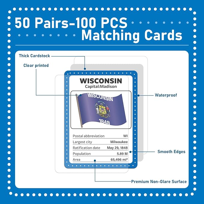 gisgfim 100 PCS Memory Matching Game Flags of U.S. States Concentration Memory Card Educational Cards Games Geography Learn States Capitals Game Gift for Kid Adults Learning Activities Matching Games - Image 3