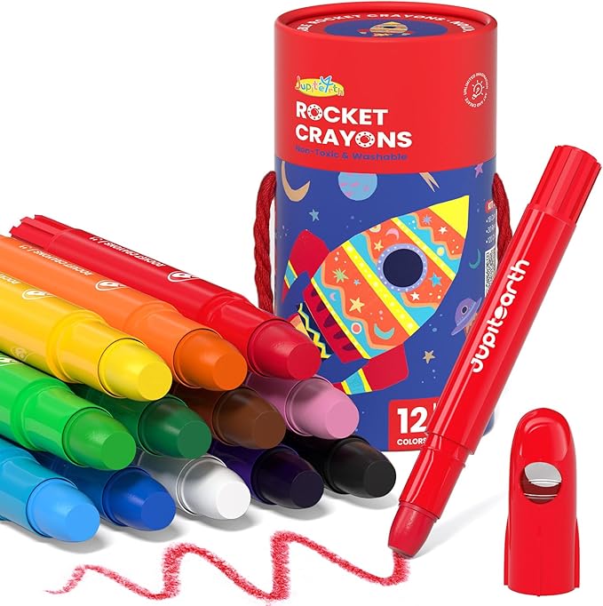JUPITEARTH 12 Colors Twist Crayons for Toddlers 1-3, Non-Toxic Washable Crayons for Ages 4-8 with Storage Bucket, Ultra-Silky and Easy to Hold Art Supplies,Ideal Christmas Gift for Boys and Girls