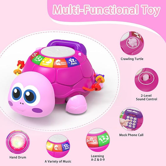 Musical Turtle Baby Toys 6 to 12 Month,Infant Light-up Musical Tummy Time Toy with Phone,Baby Crawling Toys for 7 8 9 12 Months Old,Easter Birthday Girl Gift for 3 4 5 Month+(Pink)