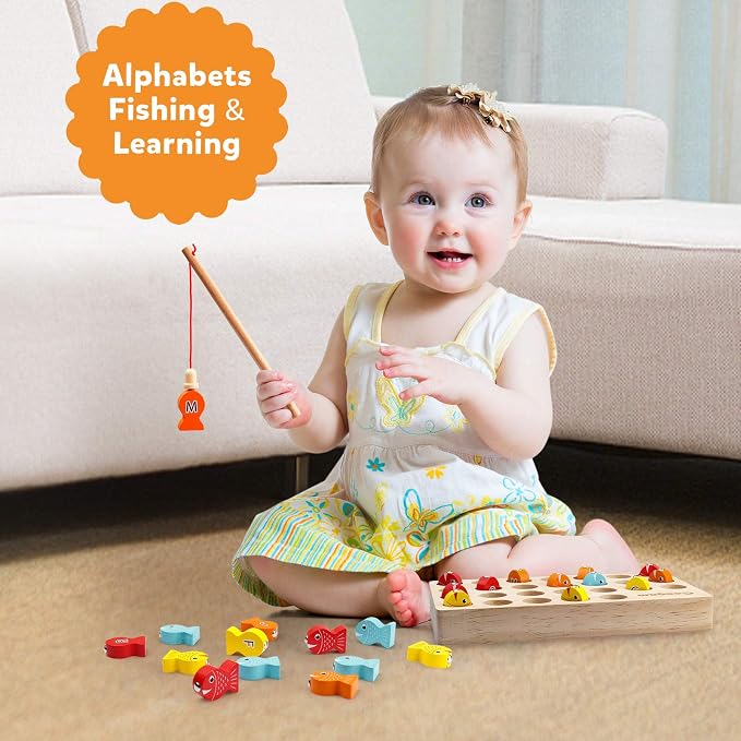 Coogam Wooden Magnetic Fishing Game, Fine Motor Skill Toy ABC Alphabet Color Sorting Puzzle, Montessori Letters Cognition Preschool Gift for Years Old Kid Early Learning with 2 Pole - Image 2