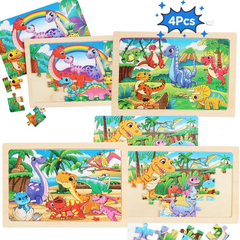 Wooden Puzzles for Kids 3-5, 4 Pack Dinosaur Jigsaw Puzzles for Toddlers, 24 Pieces Preschool Learning Activities, Learning & Educational Puzzles, Gift for Boys, Girls - Image 2