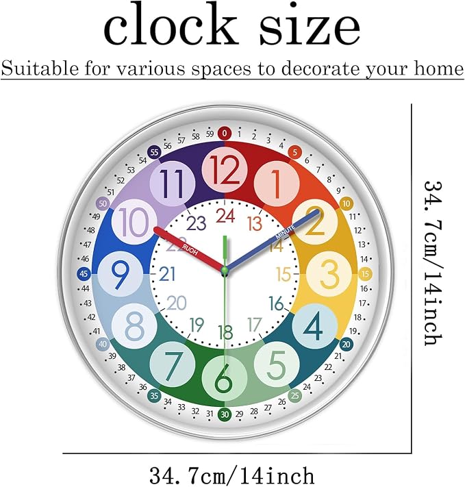 XFM Colorful Kids Wall Clock 14 Inch Learn to Tell Time - Image 6