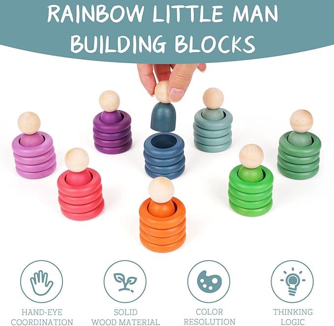 Montessori Toys Wooden Color Sorting Stacking Rings Toy Rainbow Wooden Peg Dolls Counting Toys Circular Building Blocks Stacking Game Preschool Learning Education Fine Motor Skill Toys for Toddlers - Image 4