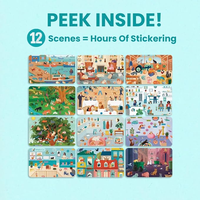 Cupkin Hello Cats Sticker Book Activity for Kids, Toddler Airplane Travel Essentials, 500+ Stickers for Kids 12 Scenes + Coloring Book Pages, Cat Gift Girls and Boys, Children's Crafts Ages 2-8