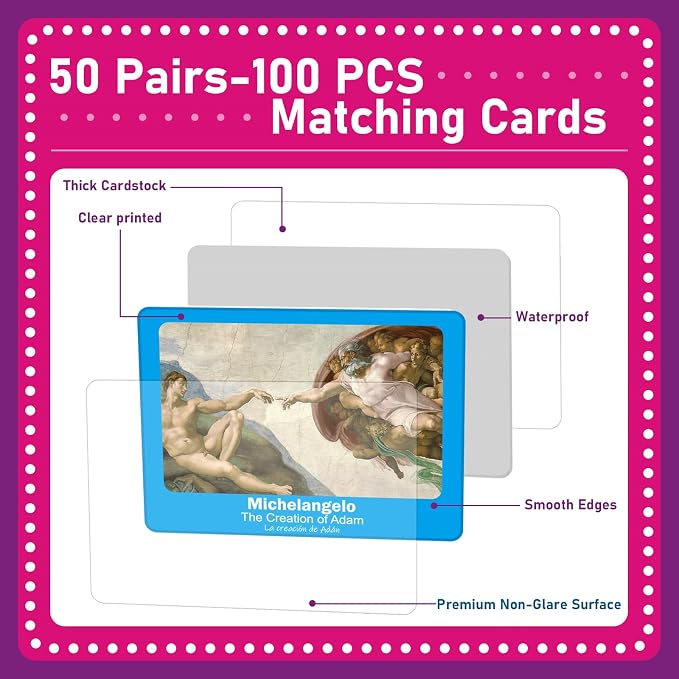 gisgfim 100 PCS Memory Matching Game Famous Paintings Concentration Memory Card for Adults Learning Educational Game A Fun & Fast Artworks Theme Matching Games - Image 3