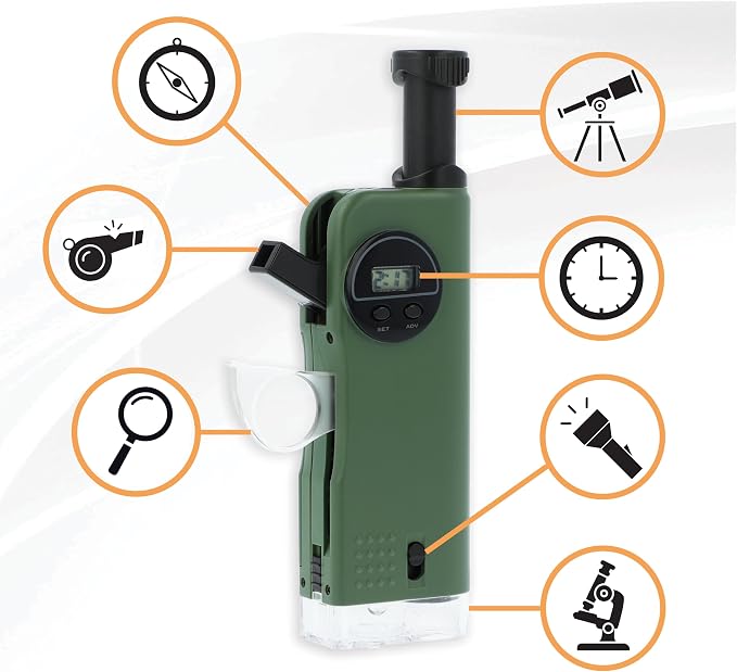 Carson X-Scope Kids 7 Function Multi Purpose Optical Pocket Tool with 30x Microscope, 8x Telescope, 9x Fold-Out Magnifier, Flashlight, Signal Whistle, Directional Compass and Digital Clock (CP-11) - Image 9