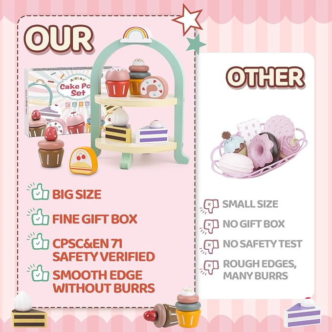 Wooden Cake Toys Tea Party Set Desserts Food Toy with Cupcake Stand - Image 4