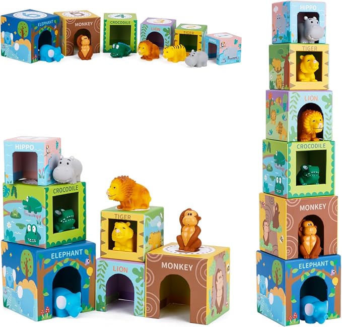 Sorting and Stacking Toys Blocks for Toddler Gifts 1-3, Soft Safari Animal by KMTJT
