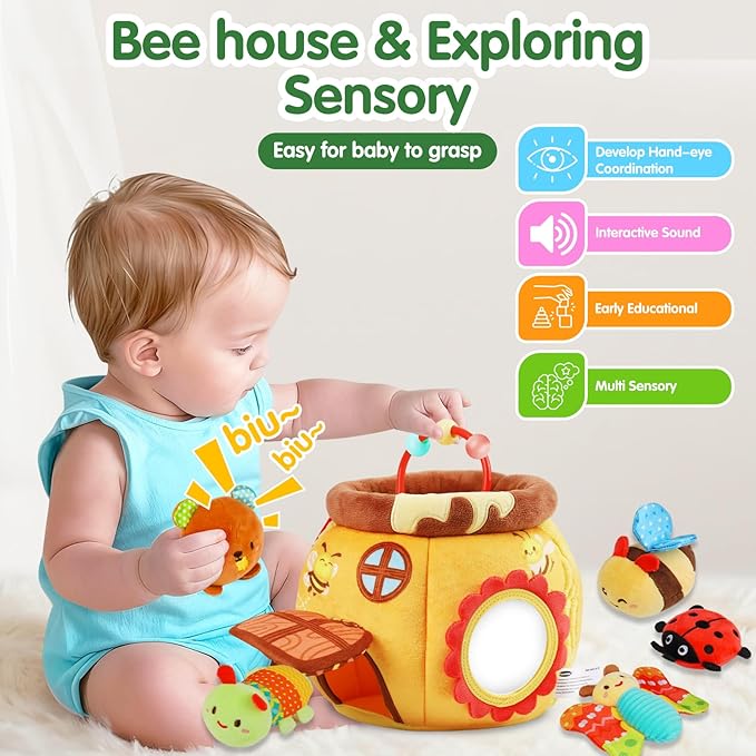 Baby Toys 6-12 Months - Soft Beehive with 5 Sensory Stuffed Animals, Rattle, Crinkle & Mirror, Montessori Toys for 6 7 8 9 10 Month Old Baby Boy Girl Shower Gifts Christmas Stocking Stuffers Ages 0-2