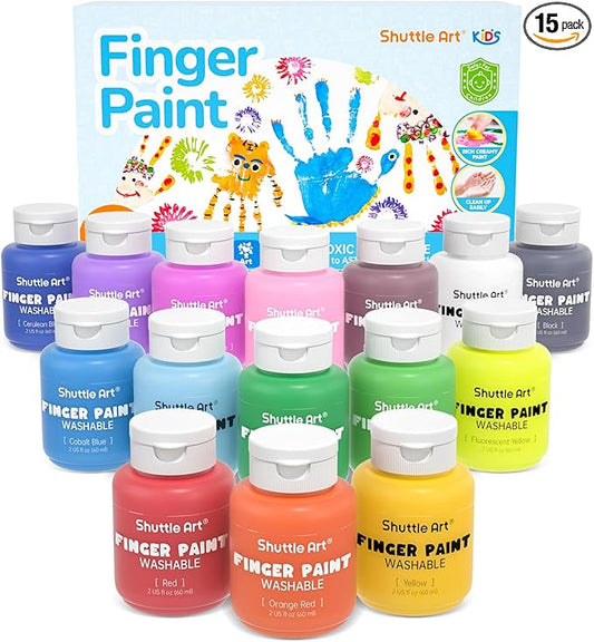Shuttle Art Washable Finger Paint Set, 15 Colors (2 fl oz) Toddler Paint, Non-Toxic Finger Painting for Toddlers, Kids Arts and Crafts