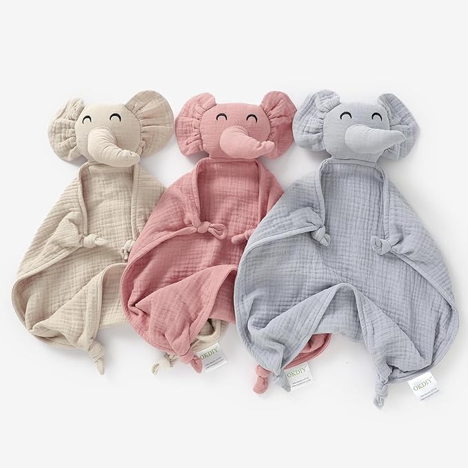 100% Organic Elephant Loveys for Babies,Muslin Baby Security Blankets for Babies,Soft Elephant Baby Stuffed Animals for Newborn,Baby Gift for Boys and Girls (Pink)