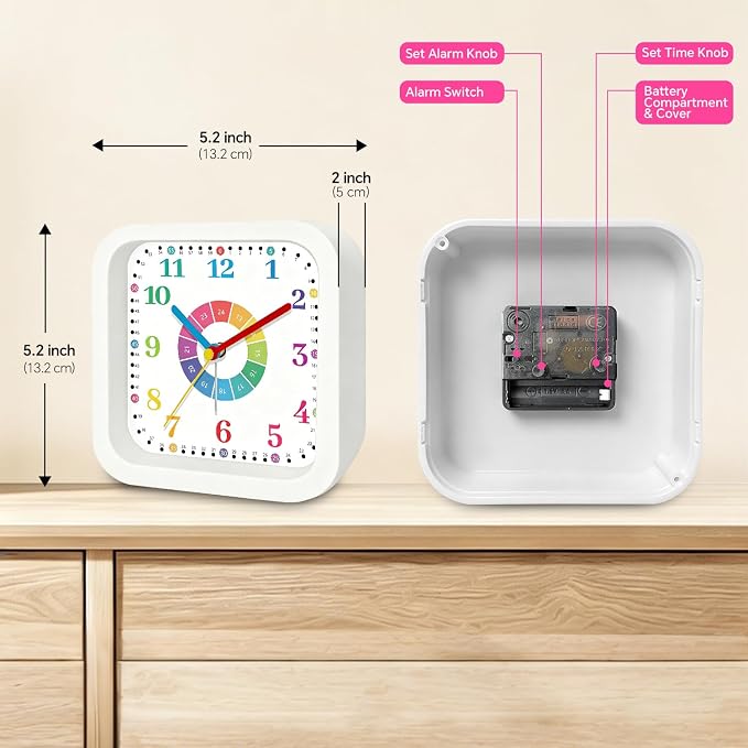 Modern Silent Analog Battery Operated Alarm Clock, 4.5" Loud Alarm Clock for Heavy Sleepers with Unique Dial & Numbers, Plastic Desk Learning Clock for Kids Bedroom Classroom Dorms, White - Image 3