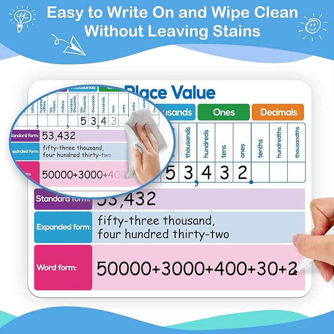 Aizweb 12 Pack Place Value Dry Erase Board Card,12" x 9"Regrouping Base Ten Small Whiteboard Math Manipulatives Addition Subtraction Game for Student Classroom Must Have Homeschool Teacher Supplies - Image 7