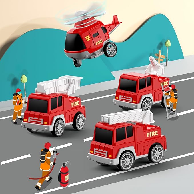 Toddlers Fire Truck for Kids 3-9 Year Old，5 in 1 Friction Power Vehicle Car for 3 4 5 6 7 Years Old Boys Girls，Carrier Truck Transport Toys for Christmas and Birthday Gifts