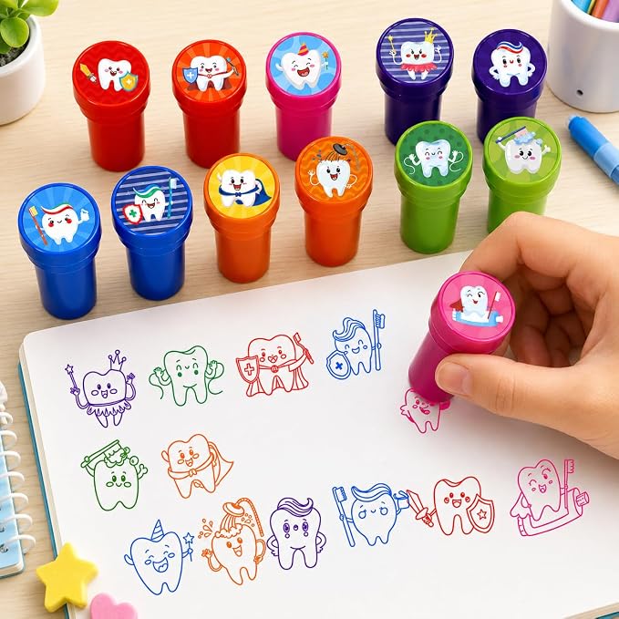 Cinrobiye 24 Pcs Teeth Stampers Party Favor Set, Cute Dental Health Stamps for Kids Birthday Party, Classroom Rewards, Educational Learning Toys, Goody Bag Fillers, Dental Care Party Supplies - Image 4