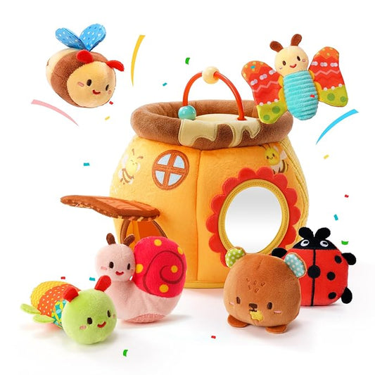 Koty Baby Toys 0-6 Months,Bee House Sensory Toy, Interactive Plush Beehive wtih rattles, queaker, Mirror, Busy Montessori Soft Toys for Toddlers 0-3,Development Toy for Infants 6-12 Months