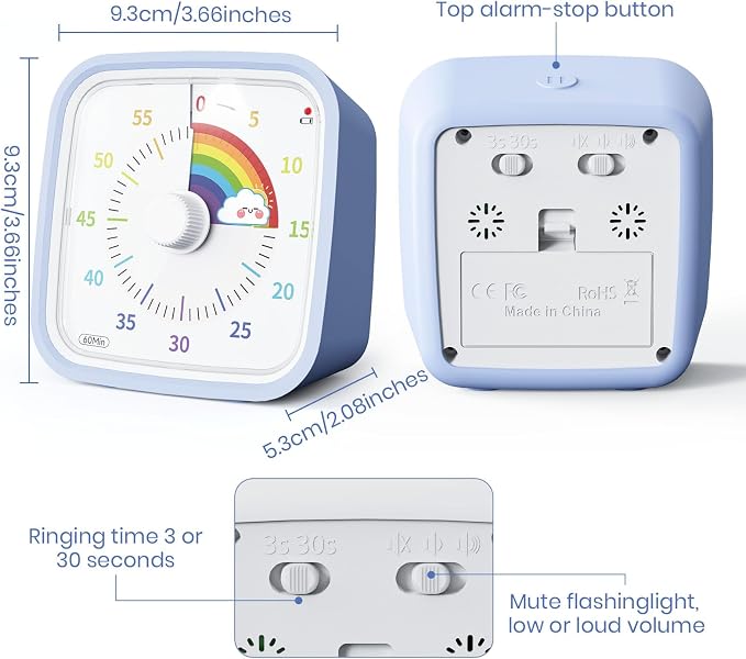 Yunbaoit Rainbow Visual Timer for Kids, 60-min Countdown Timer, Light Blue - Image 4