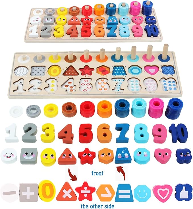 QZMTOY Wooden Montessori Toys for Kids, Toddler Number Puzzles Sorter Counting Shape Stacker Stacking Game Preschool Toys for Boy Girl Learning Education Math Blocks Chunky Puzzles Gift for Toddlers by QZMTOY
