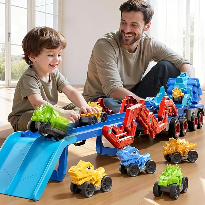 Toddler Car Truck Toys for Kids Ages 3-5, 10-in-1 Dinosaur Carrier Truck with Foldable Track Toys with Spray, Light & Sounds and 9 Dino Cars, Birthday Gift for 3 4 5 6 7 8 Years Old Boys Girls