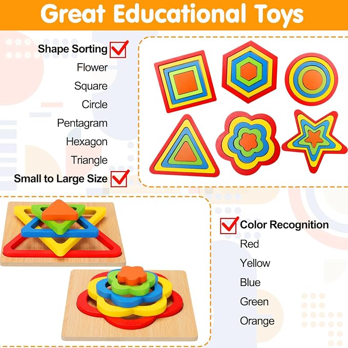 Toddler Puzzles Montessori Toy Wooden Shape Sorting Puzzle Educational Toy - Image 2