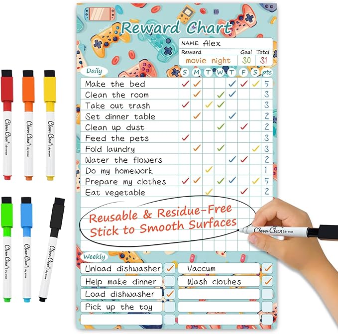 Clever Clean Dry Erase Chore Chart for Kids, Reusable Reward Chart, Non-Magnetic Kids Chore Board Clings to Any Smooth Surfaces, 6 Dry Erase Markers Included (Video Game) by CleverClean