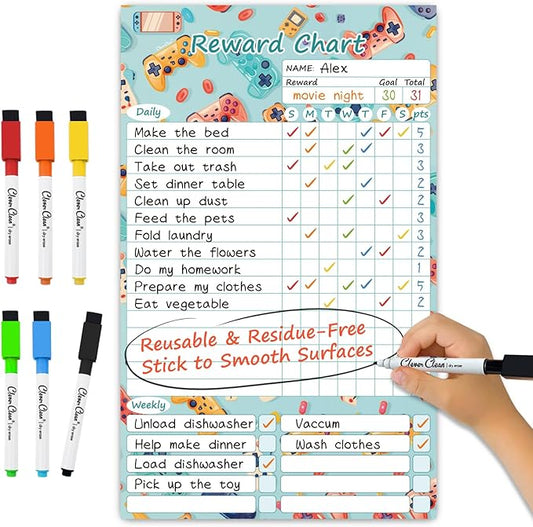 Clever Clean Dry Erase Chore Chart for Kids, Reusable Reward Chart, Non-Magnetic Kids Chore Board Clings to Any Smooth Surfaces, 6 Dry Erase Markers Included (Video Game) by CleverClean