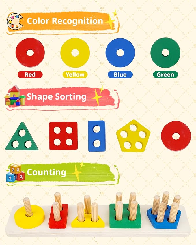 Montessori Toys for 1 2 3 Year Old, Wooden Stacking & Sorting Toy with Geometric Shapes, Educational Learning Toys and Birthday Gifts for Toddlers Boys Girls 1-3 - Image 3