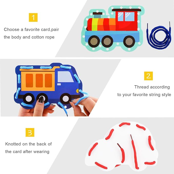 Zonon 8 Pieces Kids Lacing Cards Sewing Cards in 8 Patterns Lacing Games for Developing Imagination Education Supplies Children Sewing Game Favors (Transportation Style) - Image 3