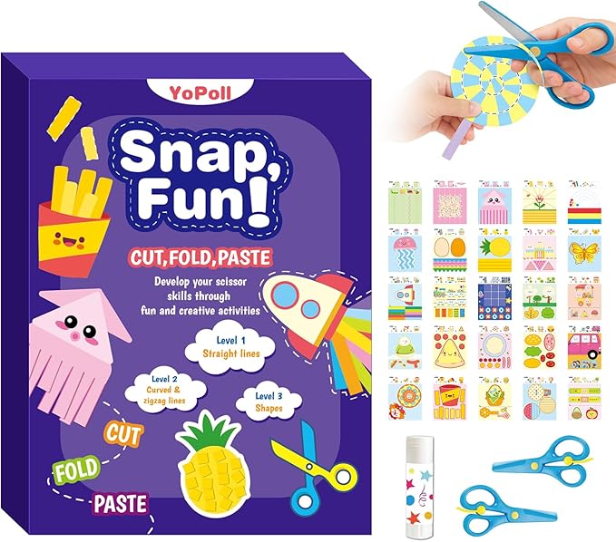 YoPoll Scissor Skills Activity Book for Kids, Toddler Arts and Crafts Kit with 2 Safety Scissors, Preschool Learning Toy for Fine Motor Skills and Creative Cutting Practice, Fun Gift for Boys & Girls