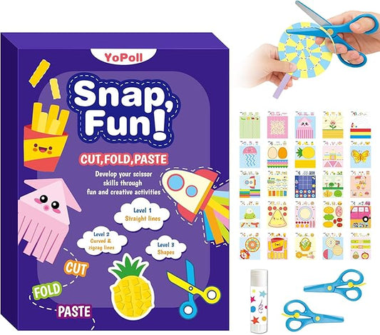 YoPoll Scissor Skills Activity Book for Kids, Toddler Arts and Crafts Kit with 2 Safety Scissors, Preschool Learning Toy for Fine Motor Skills and Creative Cutting Practice, Fun Gift for Boys & Girls