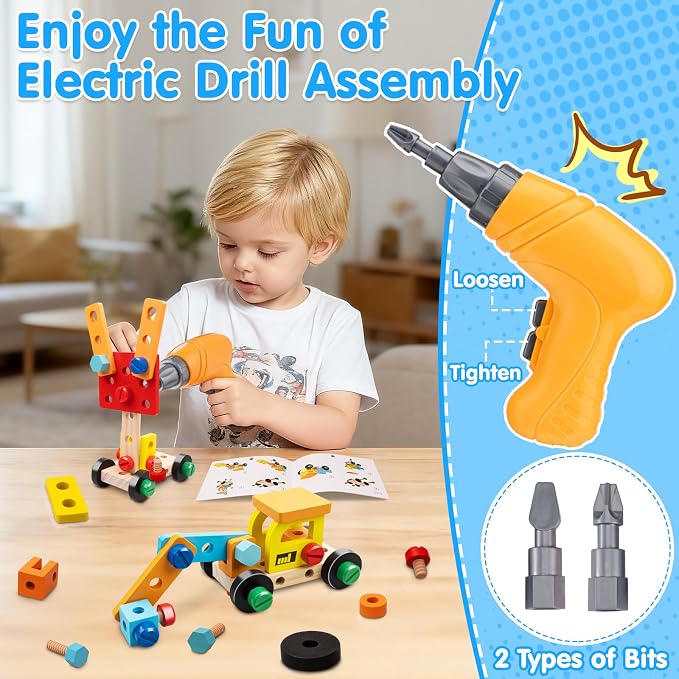 59Pcs Kids Tool Set with Electric Drill, Montessori Wooden Toys Kit - Image 2