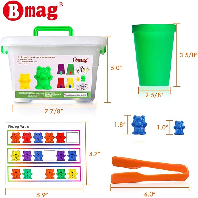Bmag Counting Bears with Matching Sorting Cups,Number Color Recognition STEM Educational Toy for Toddler, Pre-School Learning Toy with 90 Bears,2 Tweezers,11 Activity Cards,1 Storage Box - Image 6