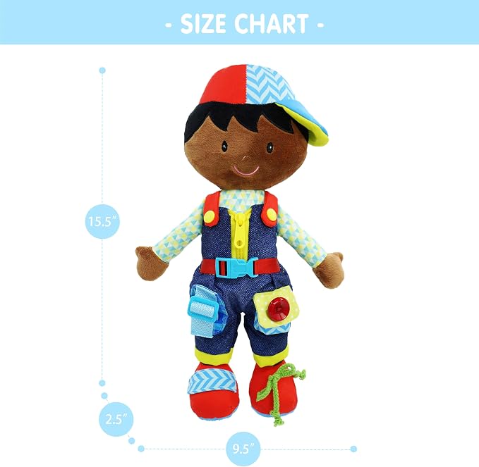 June Garden 15.5" Dressy Friends Isaiah - Educational Stuffed Plush Doll for Kids and Toddlers 2 Years and Up - Montessori Buckle Soft Toy - Image 7